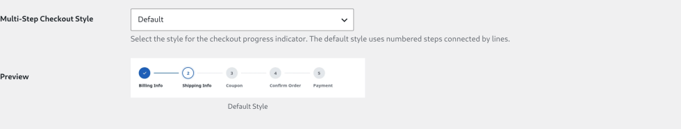 The Multi-Step Checkout Style dropdown on the classic Style tab, set to Default, with a live preview showing the numbered-circle stepper