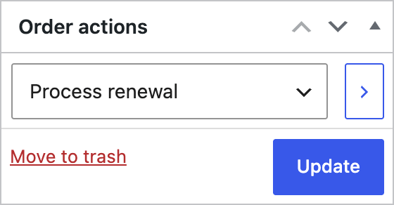 Order actions panel on the Edit Subscription screen with Process renewal selected.