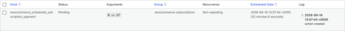 Scheduled Actions table showing a pending woocommerce_scheduled_subscription_payment action for a test subscription.