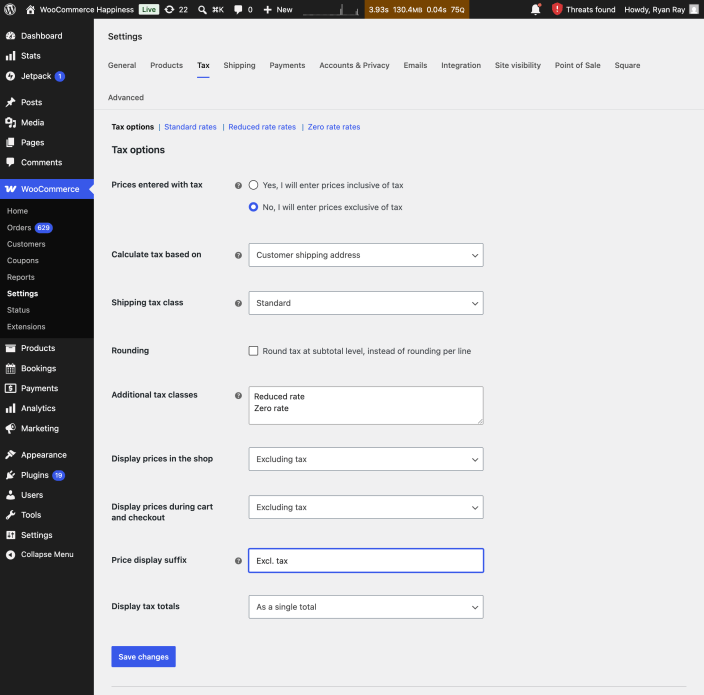 WooCommerce Tax options screen with tax calculation and display settings