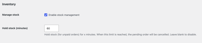 WooCommerce Inventory settings with stock management enabled and unpaid orders held for 60 minutes