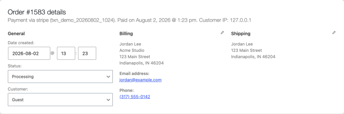 WooCommerce order details showing the payment method, transaction ID, status, and customer addresses