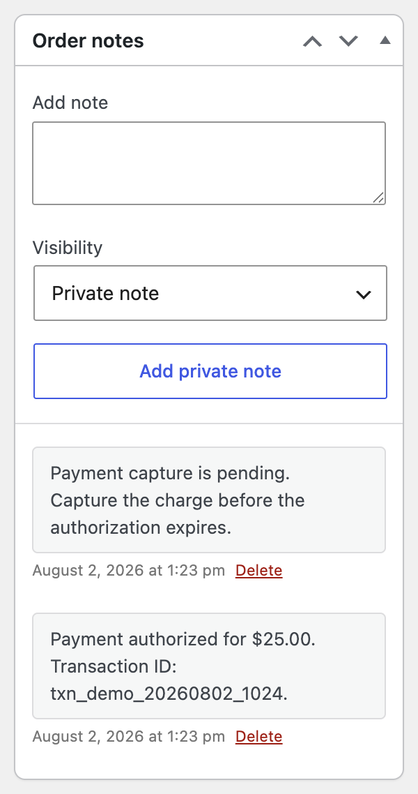 WooCommerce order notes panel showing an authorized payment and a pending capture notice