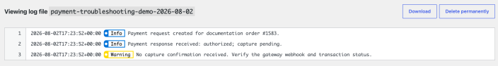 WooCommerce payment log showing an authorized payment, pending capture, and missing capture confirmation warning