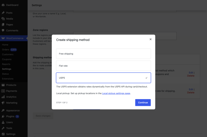 Create shipping method dialog with USPS selected for the United States shipping zone