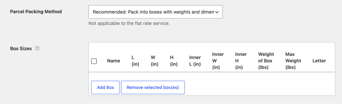USPS Parcel Packing Method set to pack into boxes, with the Box Sizes table