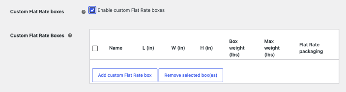 USPS global settings with custom Flat Rate boxes enabled and the custom box table
