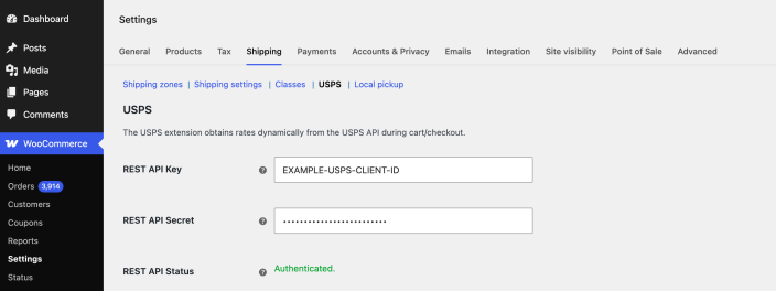 USPS settings showing a fictional example REST API key, a masked secret, and an Authenticated status