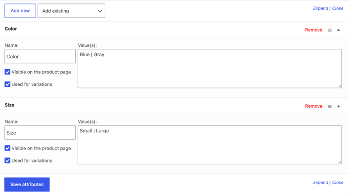 Product Attributes panel showing Color and Size attributes and their values.