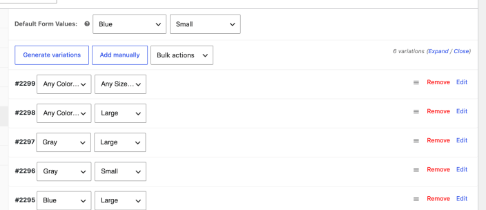 Variations panel with Blue and Small selected as the default form values.