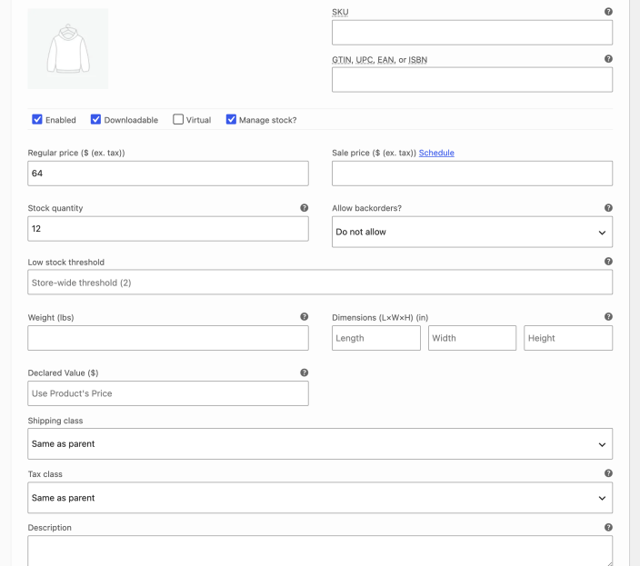 Expanded Blue, Small variation with Downloadable and Manage stock enabled.