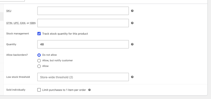Inventory panel showing parent-level stock management enabled with a quantity of 48.