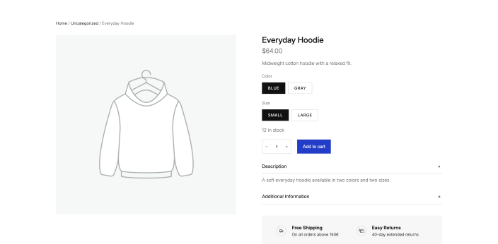 Everyday Hoodie on the Purple theme with Blue and Small selected and the Add to cart button visible.