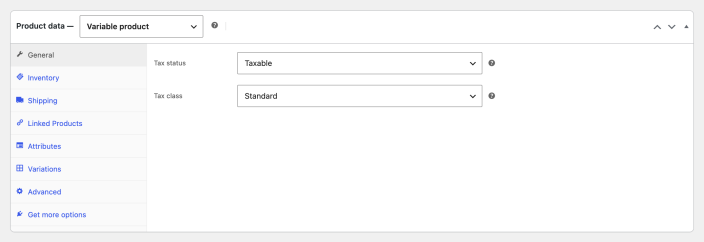 Product data panel with Variable product selected.