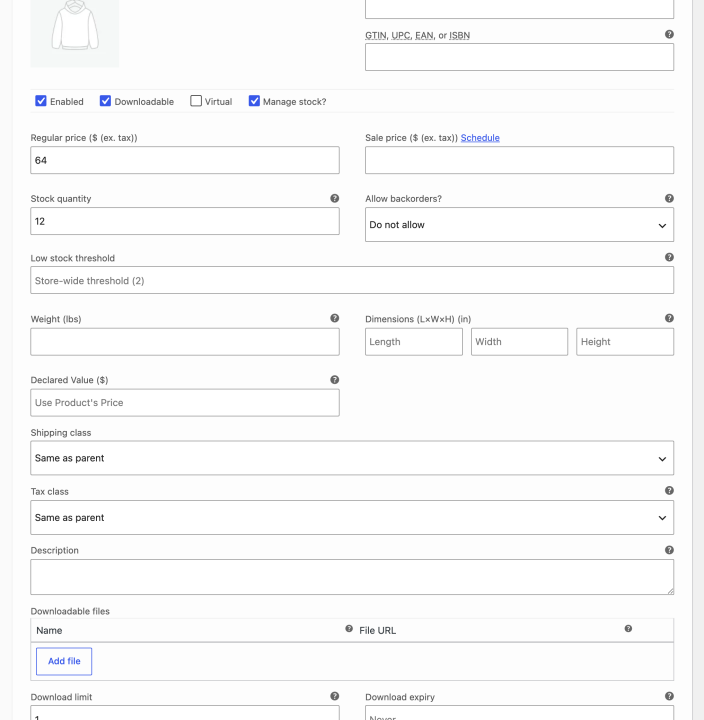Expanded Blue, Small variation showing stock quantity and backorder settings.