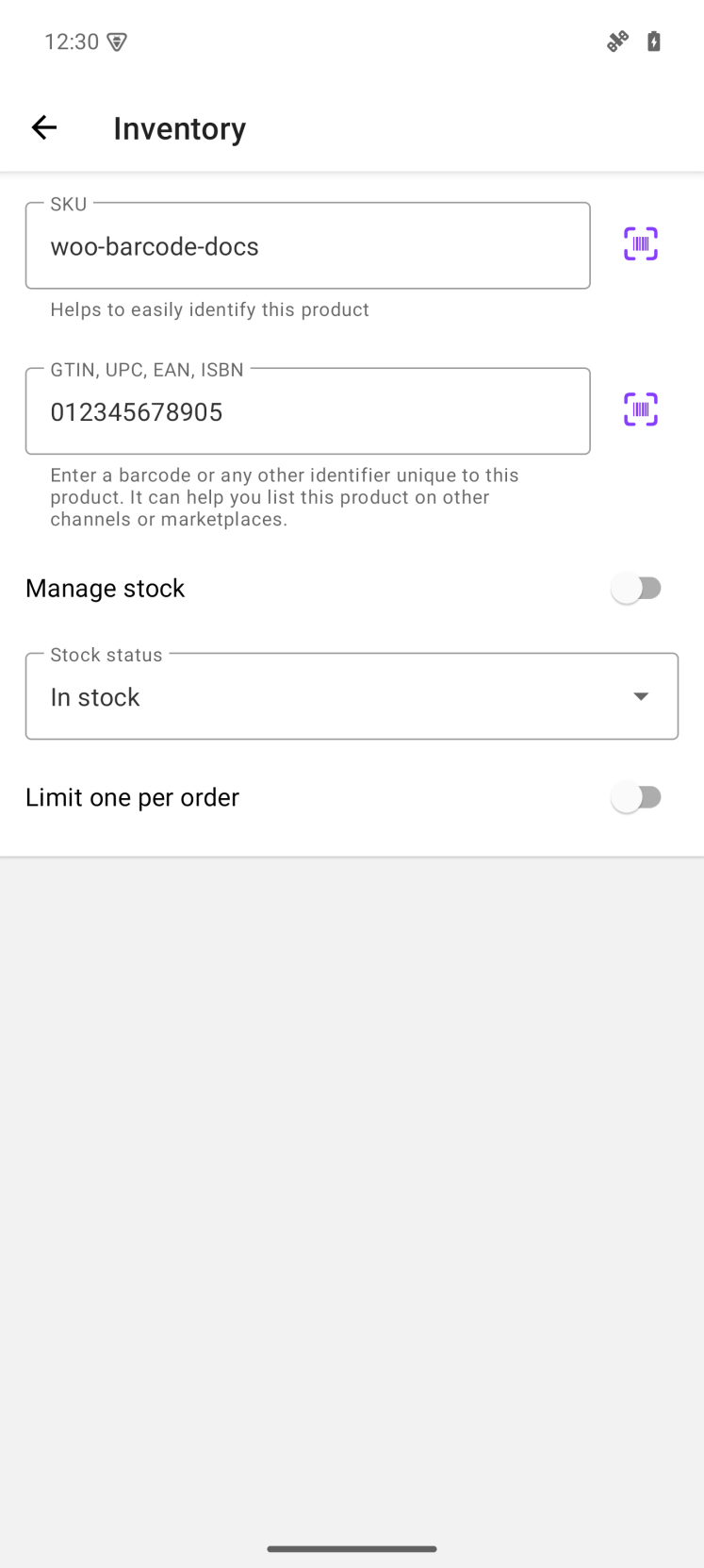 The product Inventory screen in the Woo Android app, showing the SKU and GTIN, UPC, EAN, ISBN fields with barcode scan buttons.
