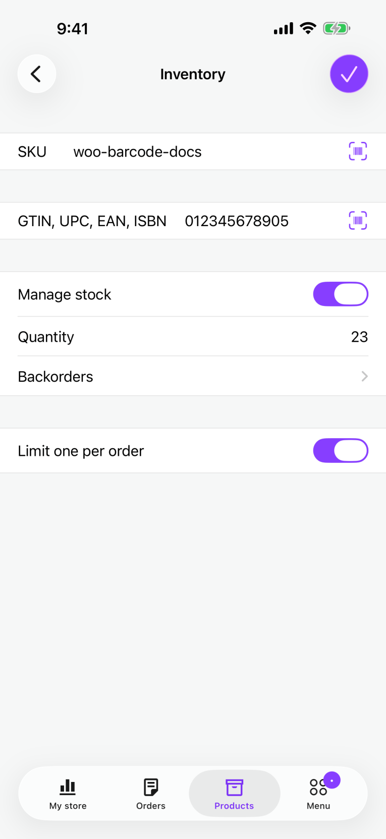 The product Inventory screen in the Woo iOS app, showing the SKU and GTIN, UPC, EAN, ISBN fields with barcode scan buttons.