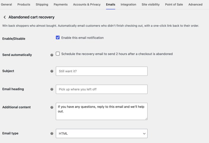 Abandoned cart recovery email settings showing the notification enabled and automatic sending disabled