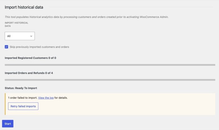 WooCommerce Analytics historical data warning showing one failed order import, a View the log link, and the Retry failed imports button.