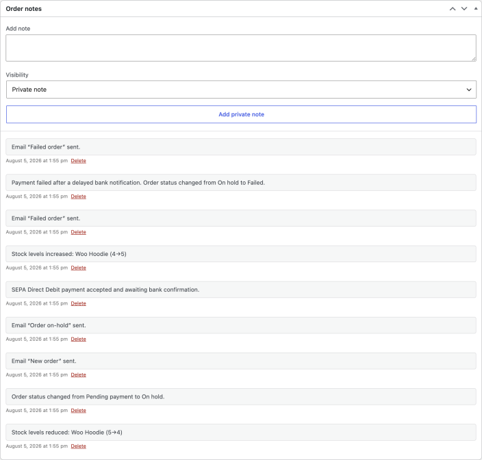 WooCommerce order notes showing stock reduced from 5 to 4, a delayed bank payment moving from On hold to Failed, and stock restored from 4 to 5