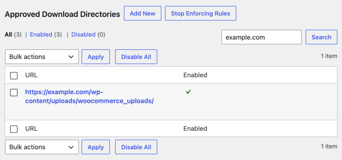 WooCommerce Approved Download Directories showing an enabled example directory