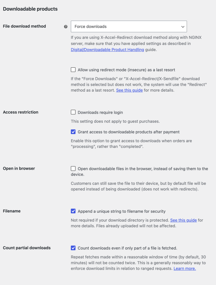 WooCommerce Downloadable product settings for file delivery and access