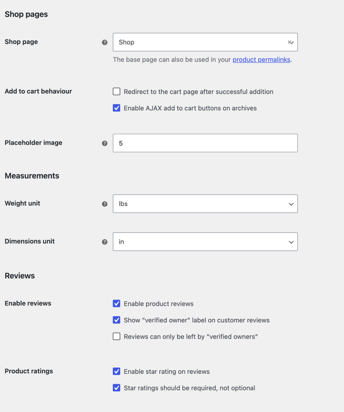 WooCommerce General product settings for shop pages, measurements, and reviews