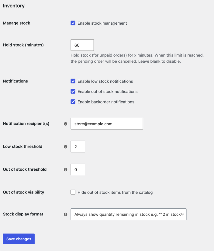 WooCommerce Inventory settings including stock and backorder notifications