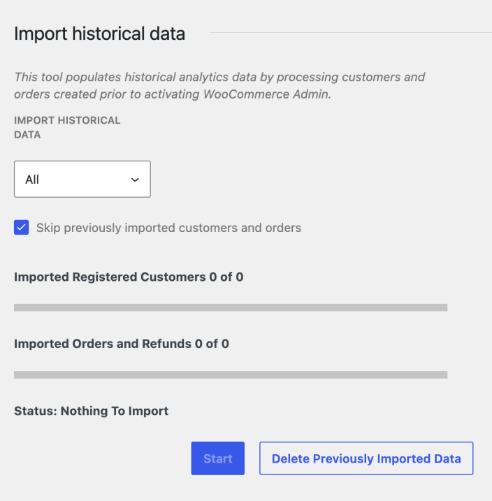 WooCommerce Analytics historical data importer with the option to delete previously imported data.