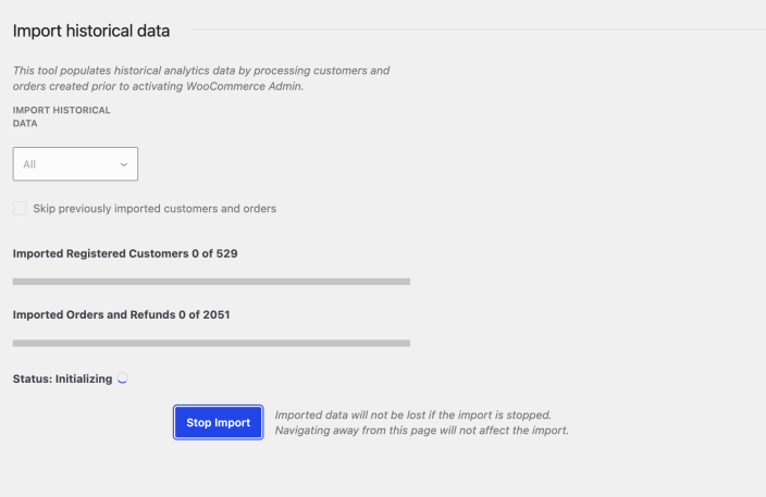 WooCommerce Analytics historical data import initializing for customers and orders.