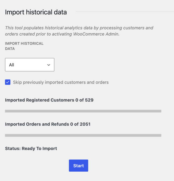 WooCommerce Analytics historical data importer ready to import customers and orders.