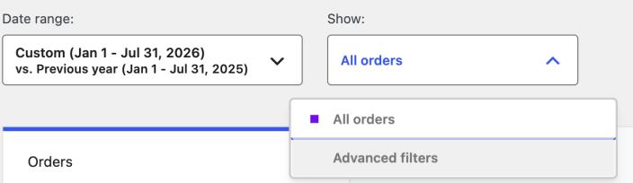 WooCommerce Orders report filters showing All orders and Advanced filters.