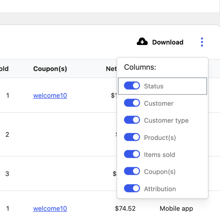WooCommerce Analytics table column controls for choosing the values shown in the report.