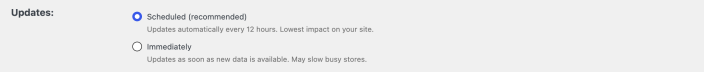 WooCommerce Analytics update frequency with Scheduled selected.