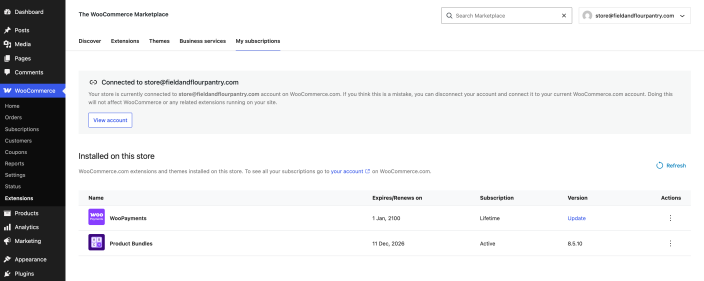 WooCommerce Marketplace My subscriptions screen showing WooPayments as a free Lifetime item and Product Bundles as a paid Active subscription.
