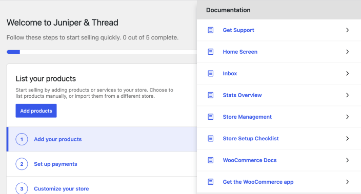 The Help menu on WooCommerce Home with links to support, documentation sections, WooCommerce Docs, and the Woo mobile app.