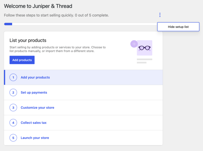 The Hide setup list option open above the WooCommerce Home setup checklist.