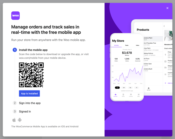 The Woo mobile app dialog with a QR code, install and sign-in steps, and mobile store screens.