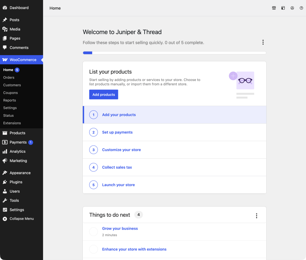 WooCommerce Home in a single-column layout with the setup checklist stacked above other dashboard sections.
