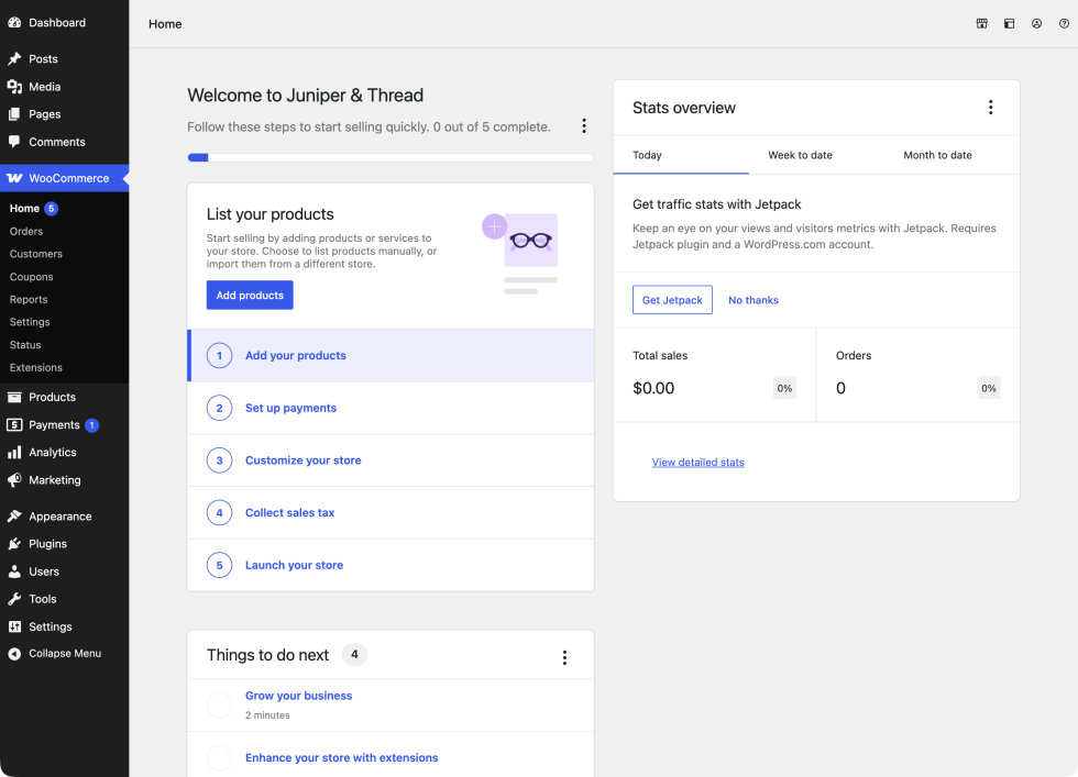 WooCommerce Home in a two-column layout with the setup checklist beside the Stats overview panel.