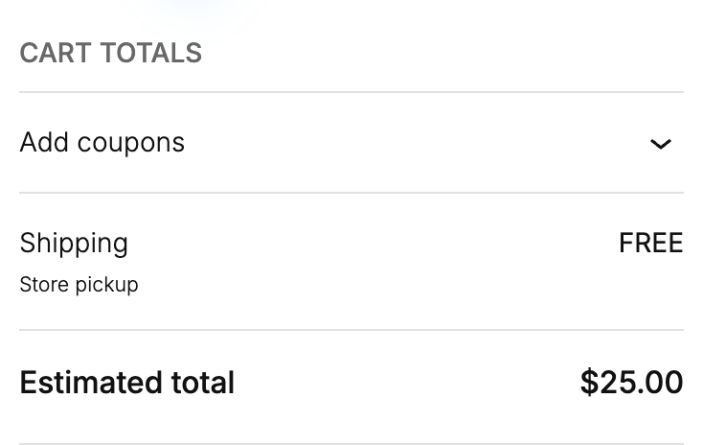 Purple theme cart totals showing Store pickup as the free shipping method.