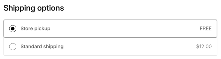 Purple theme checkout showing Store pickup selected and Standard shipping available as an alternative.