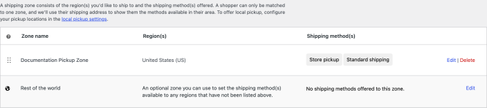 WooCommerce Shipping zones list showing a United States zone with Store pickup and Standard shipping methods.