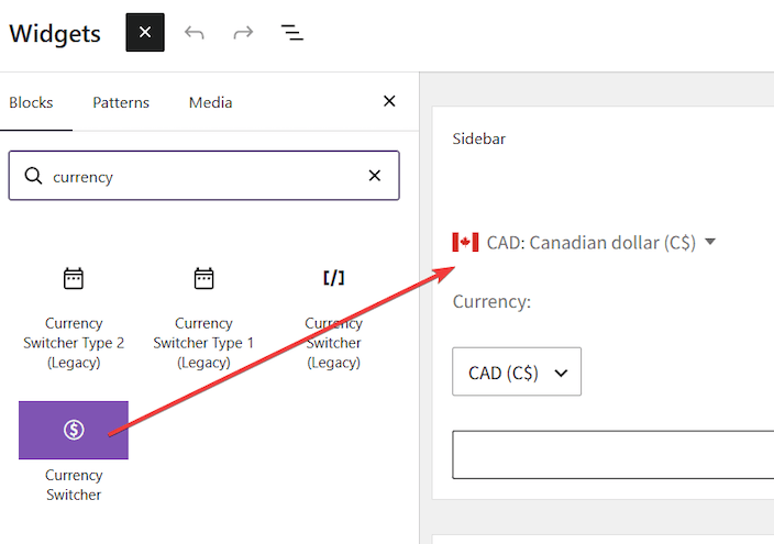The block inserter showing Currency Switcher and Currency Switcher (Legacy)