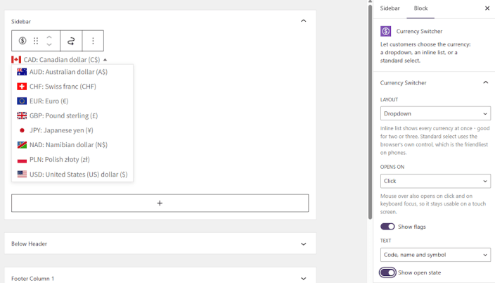 Widgets with the new Currency Switcher block added to a sidebar and its settings panel open