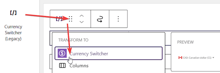 The block toolbar with the Transform to menu open, showing Currency Switcher