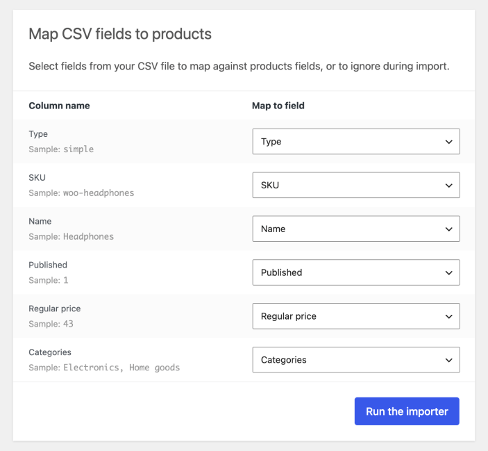 CSV column mapping form with current product fields mapped for import