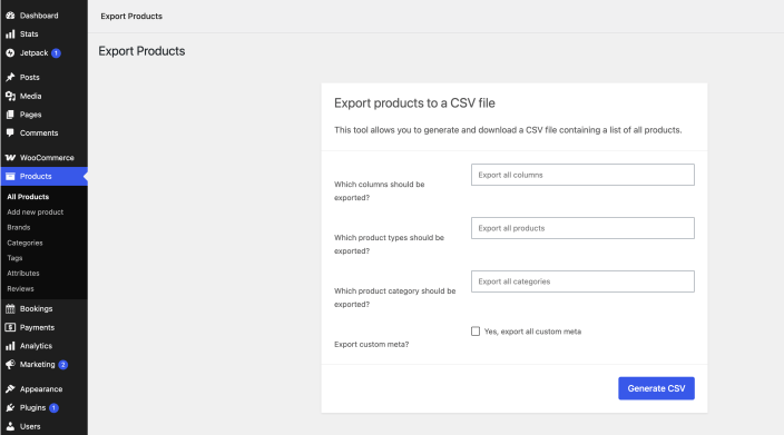 Export Products screen with column, product type, category, and custom metadata options