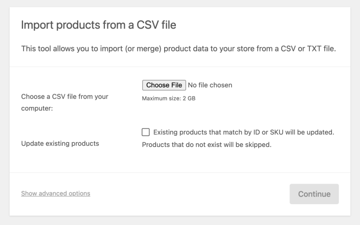 Product CSV import form with no file selected and the Continue button unavailable