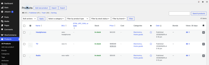 Products screen with Import and Export buttons beside Add new product